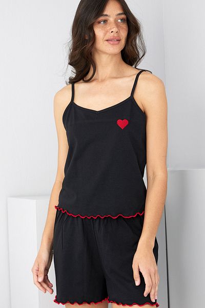 Siyah İnci Black Heart Embroidered Rope Strap Knitted Shorts Set7881