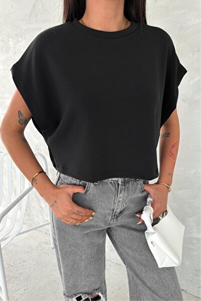 FEMELLE Women's Black Round Neck Modal Fabric Basic T-Shirt