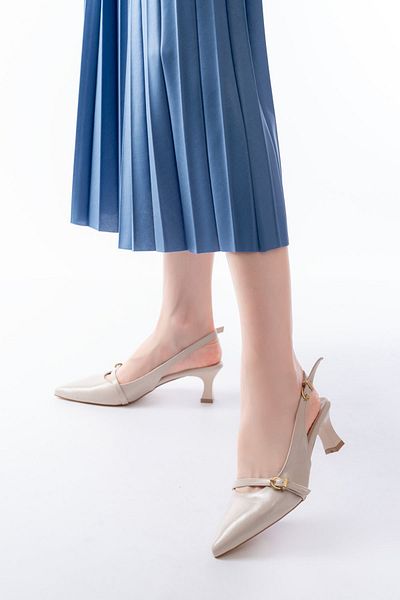 Moda Asmira H-470 Beige Patent Leather Hard Hat Buckle Open Back Daily Women's Sandals
