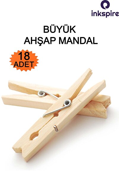 inkspire Büyük Ahşap Mandal 18 Adet Naturel Mandal 7 Cm Çamaşır Mandalı Renks...