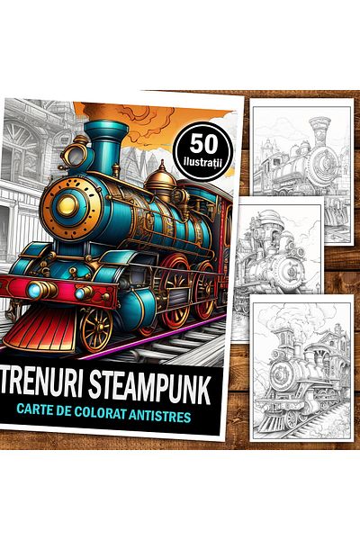 Legendary Gifts Anti-stress Coloring Book, 50 Illustrations, Steampunk Trains, 106 Pages, Format: A5