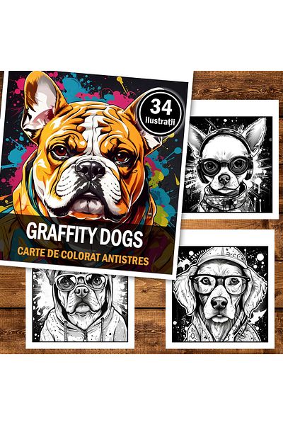 Legendary Gifts Mini Anti-stress Coloring Book, 34 Illustrations Graffiti Dogs, 74 Pages, Format: 14.8x14.8cm