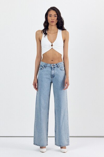 What's Up WhatsUp بنطال واسع الساق فضي بخصر عالي - دينم-دنيم - 30