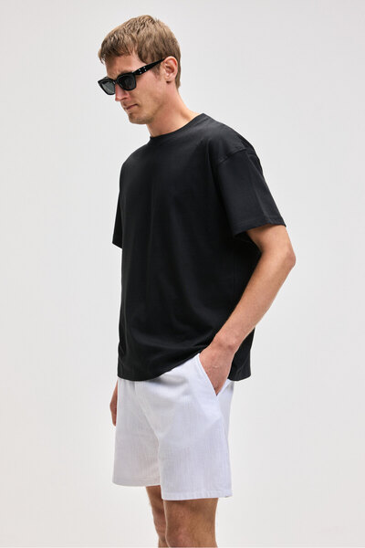 GRIMELANGE Feon Men's Oversize Wide Cut 100% Organic Cotton Thick Textured Round Neck Black T-Shirt