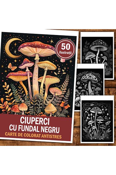 Legendary Gifts Anti-stress Coloring Book, 50 Illustrations Mushrooms With Black Background, 106 Pages, Format: A5