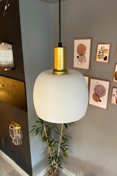 Bamyum Dijon Beyaz Cam Sarkıt Avize Gold Fener Başlık Salon Mutfak Avizeleri Pastane Modelleri