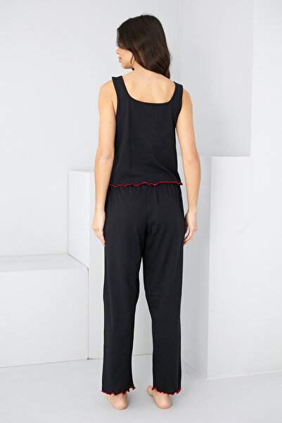 Siyah İnci Black Heart Embroidered Thick Strap Knitted Pajama Set7884