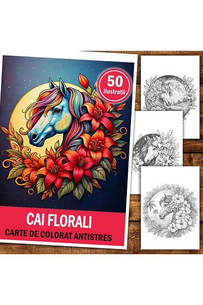 Legendary Gifts Anti-stress Coloring Book, 50 Floral Horses Illustrations, 106 Pages, Format: A5