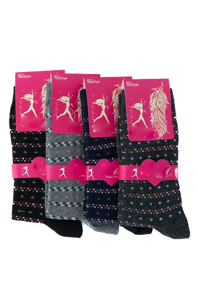 Ottoland Women's Socks 4-Piece Cotton Knitted Ethnic Patterned Lycra Comfortable Comfortable Anti-Pilling
