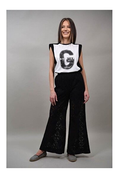 Y TWO WOMEN PANTALONI LUNGI SEMITRANSPARENTI CU BRODERIE SOGNANTE Negru S-M