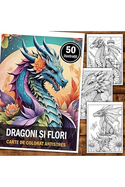 Legendary Gifts Anti-stress Coloring Book, 50 Dragons And Flowers Illustrations, 106 Pages, Format: A5