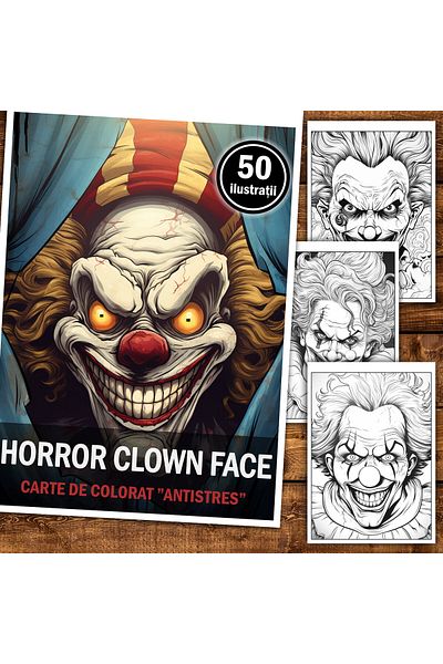 Legendary Gifts Anti-stress Coloring Book, 50 Illustrations, Horror Clown Face, 106 Pages, Format: A5
