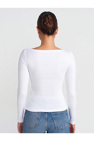 Dilvin Kayık Yaka Uzun Kollu Top-Beyaz