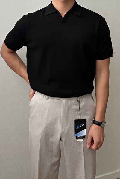 Tarz Cool Erkek Siyah Patlı Kısa Kollu Polo Yaka Triko T-Shirt