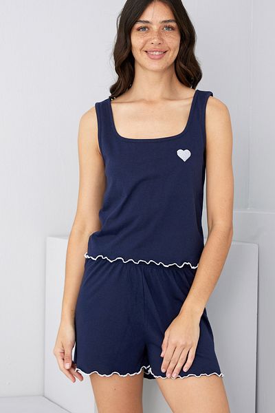 Siyah İnci Navy Blue Heart Embroidered Thick Strap Knitted Shorts Set7882
