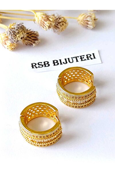 RSB Bijuteri Küpe Halka Zirkon taş 316 L Çelik Altın Kaplama + Hediye Paket