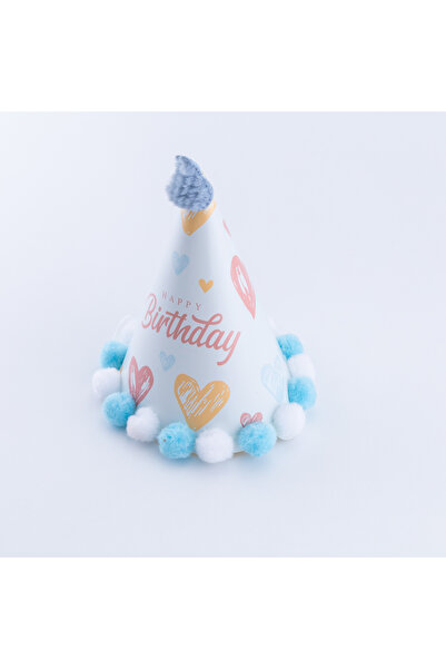 Bimotif Ponponlu Happy Birthday şapka Mavi