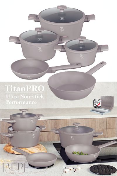 Berlinger Titanium Cookware Set Pot Pans Nonstick 10 Pcs Taupe Collection
