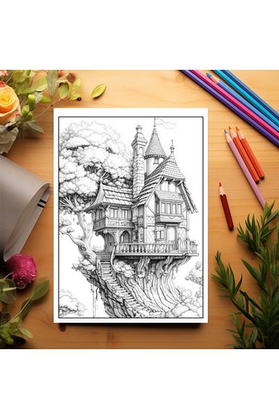 Legendary Gifts Anti-stress Coloring Book, 50 Illustrations, Castles In The Trees, 106 Pages, Format: A5