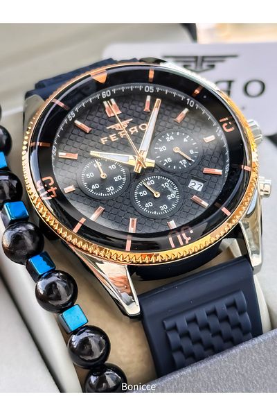 FERRO Sports Men's Watch, Active Functions, Dark Blue Silicone, with Calendar, Bracelet Gift