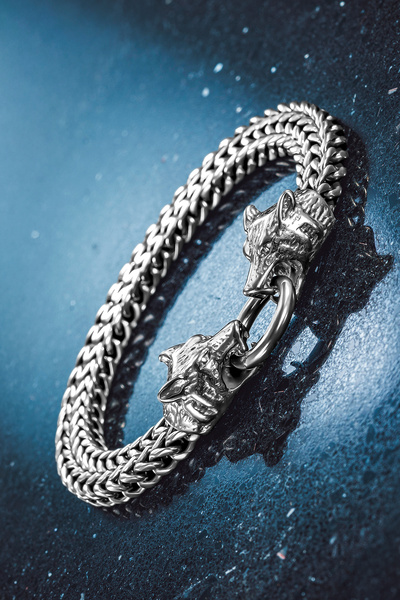 OSMANLI GÜMÜŞ Jaguar Claw 316L Çelik Çift Sıra Örgü Erkek Bileklik - Paslanma...