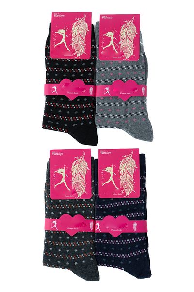 Ottoland Women's Socks 4-Piece Cotton Knitted Ethnic Patterned Lycra Comfortable Comfortable Anti-Pilling
