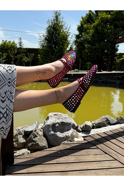 BURCU COLLECTİON Stella Round Toe Belt Detailed Staple Stone Claret Red Women's Ballerinas