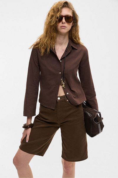 GRIMELANGE Makayla Women's 100% Cotton Linen Look Flared Wide Sleeve Fitted Brown Shirt