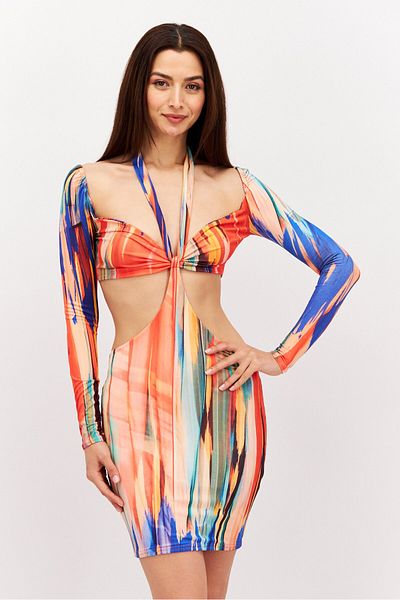 Public Desire Women Tie Dye Bodycon Dress, Red Combo