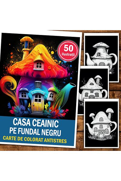 Legendary Gifts Anti-stress Coloring Book, 50 Illustrations Teapot House On Black Background, 106 Pages, Format: A5