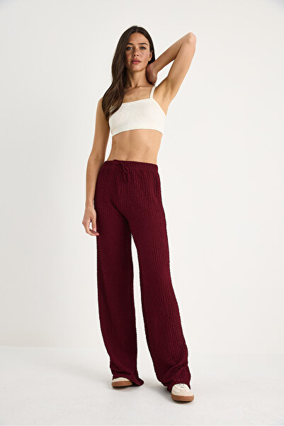 Bianco Lucci Women's Elastic Waist Tie Detailed Relaxed Cut Summer Seersucker Trousers 2234 60283348