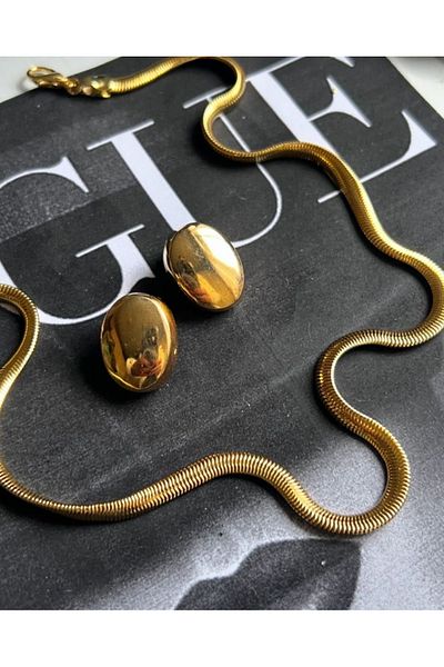 Ervalina Italian Snake Chain Necklace and Oval Trend Earrings - Gold Color