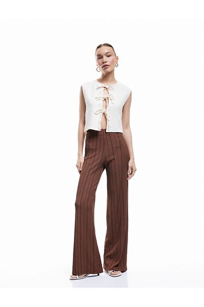 Koton Elastic Waist High Waist Striped Wrap Wide Leg Trousers