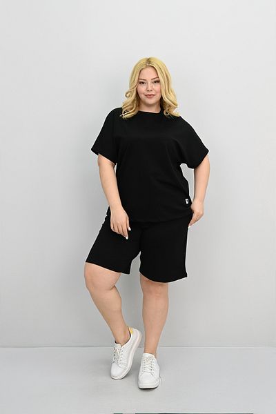 Koza Butik Women's Plus Size Short Sleeve Label Detailed Shorts Set 8194-25