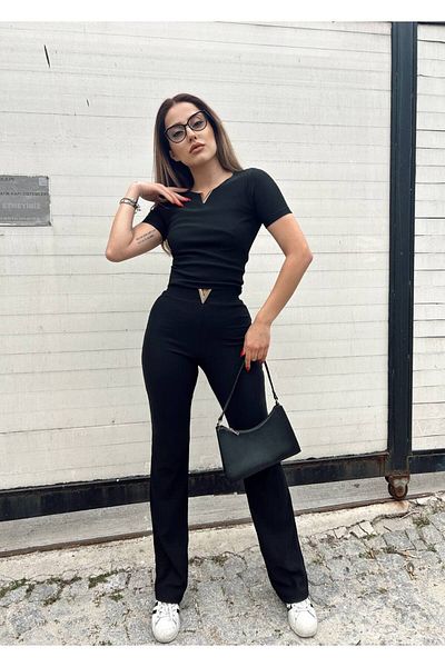 LE CARAMBOLE Women's Black Ottoman Fabric V Accessory Crop Pants Bottom Top Set
