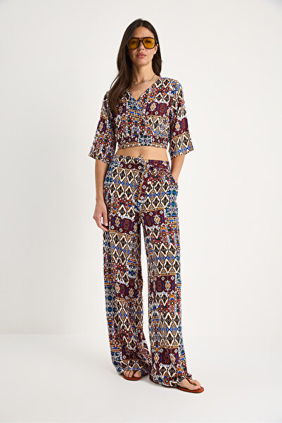 Bianco Lucci Women's Patterned Crop Blouse Trousers Set 3052 60283353