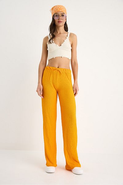 Bianco Lucci Women's Elastic Waist Tie Detailed Relaxed Cut Summer Seersucker Trousers 2234 60283348
