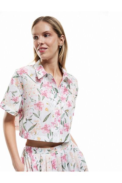 Koton Short Sleeve Classic Collar Floral Crop Shirt