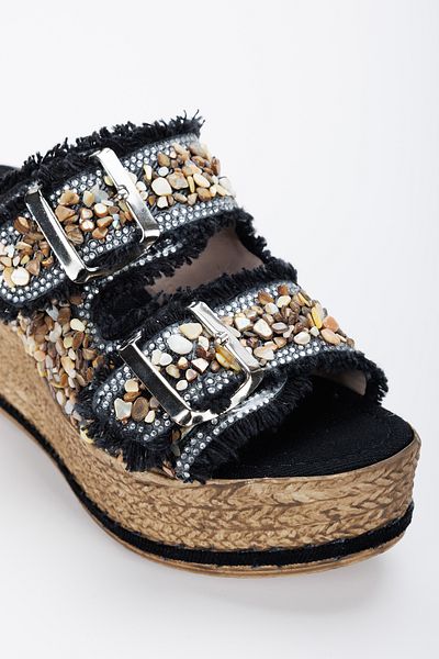 AYDOĞDU by ünal Alaçatı Stylish Wedge Sole Black Slippers - 20400