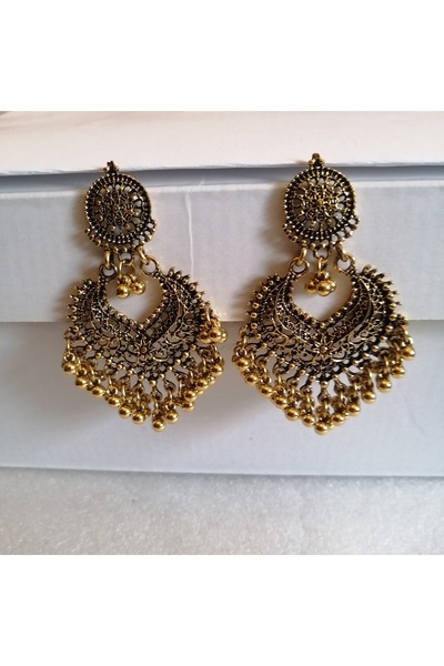 Butik Tülin Women's Authentic Handmade Gold Metal Flower Patterned Bead Earrings 7X4.5 cm Indian Made