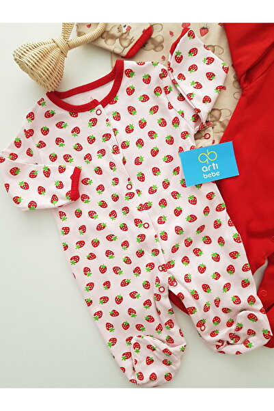 artıbebe Strawberry Patterned Long Sleeve Snap Fastener 3-Piece Baby Romper Set |   100% Cotton |   Newborn Daily Clothing