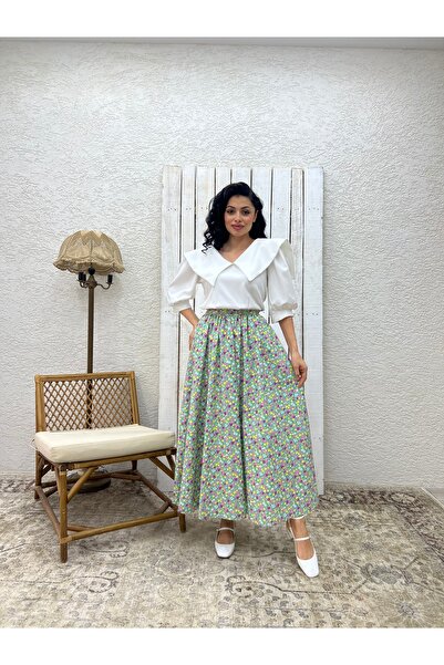 KÜÇÜĞÜM BUTİK Fusta evazată din popelin floral verde mentă-violet