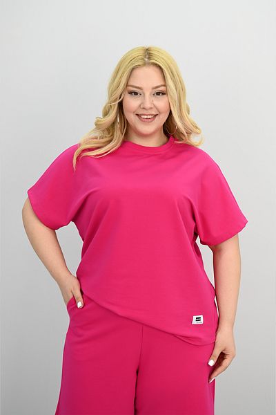 Koza Butik Women's Plus Size Short Sleeve Label Detailed Shorts Set 8194-25