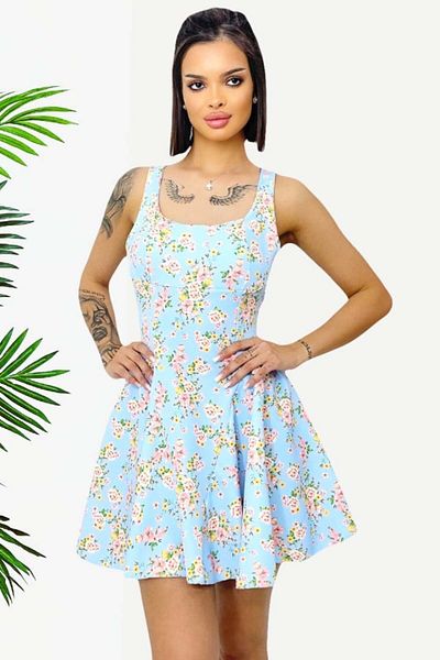 FashionForYou Rochie Babydoll Mara, cu fundă la spate și imprimeu floral, albastru deschis, mărimea S/m/l