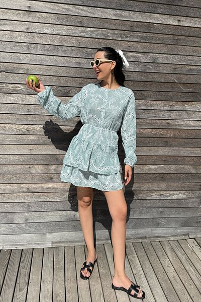 Seda Yalçın Atelier Turquoise Scalloped Shirt Skirt Set
