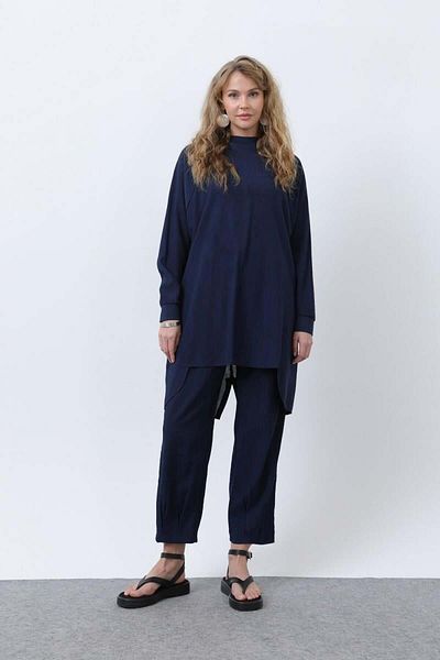 Puane Women's Back Seam Detailed Double Trousers Suit Navy Blue 14228
