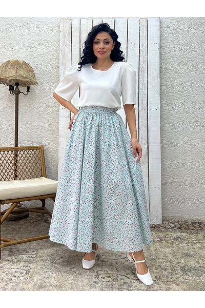 KÜÇÜĞÜM BUTİK Fusta evazată din popelin floral turcoaz