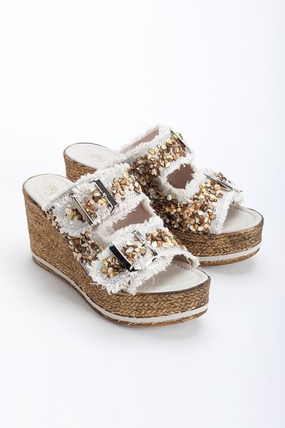 AYDOĞDU by ünal Alaçatı Stylish Wedge Sole Beige Slippers - 20400