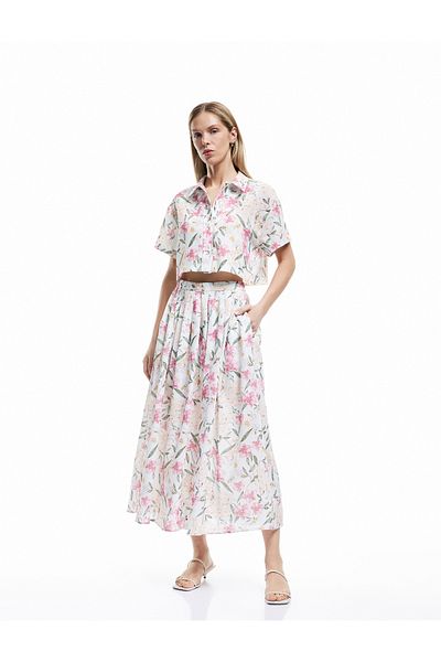 Koton Short Sleeve Classic Collar Floral Crop Shirt