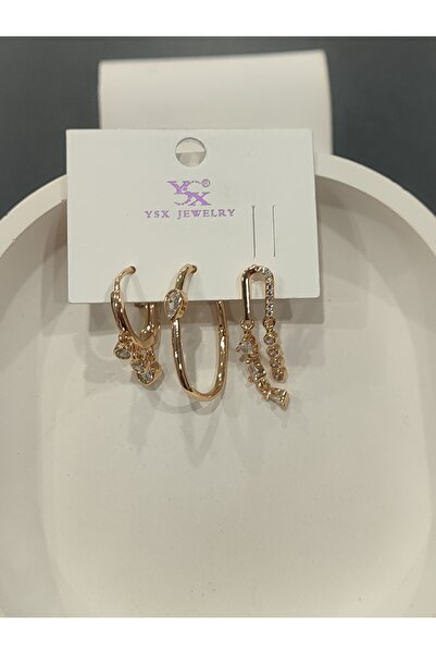 Bijutek Bijuteri Gold Taşlı - İncili - Kalp ve Kelebek Desenli Sallantılı Çoklu Metal Kadın Küpe Jewelry 2